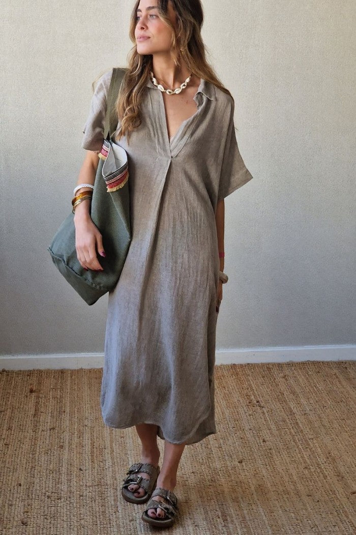 Vestido kaftan tipo lino topo