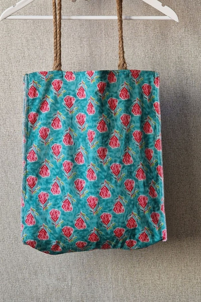 Bolso telas indias y yute turquesa