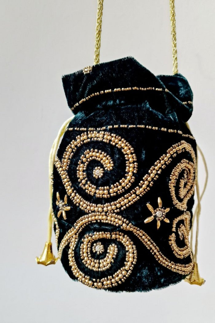 Bolso bombonera verde botella y dorada