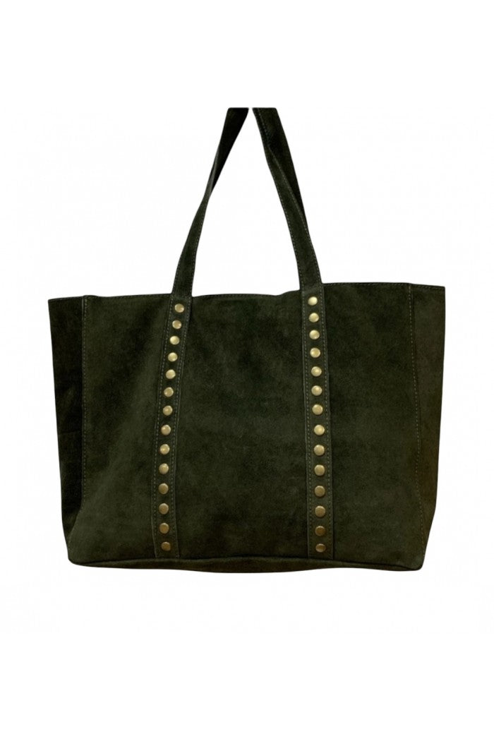 Bolso de ante shopping con tachuelas verde militar